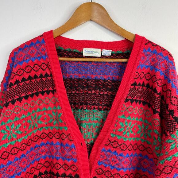Vintage Boundary Waters Acrylic Fair Isle Boyfriend Grandpa Cardigan Sweater L - Picture 2 of 9